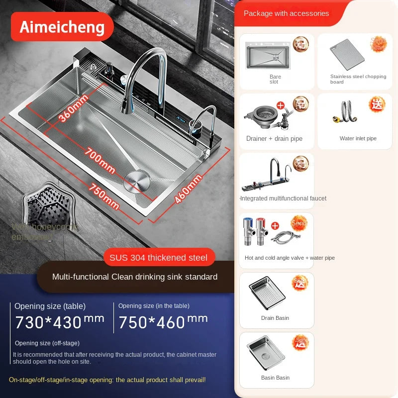 2026 Integrated Waterfall Kitchen Sink Honeycomb Technology Large Digitial Display Stainless Steel Soap Dispenser Cup Washer
