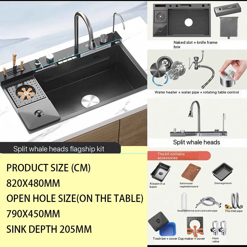 2026 Integrated Waterfall Kitchen Sink Honeycomb Technology Large Digitial Display Stainless Steel Soap Dispenser Cup Washer