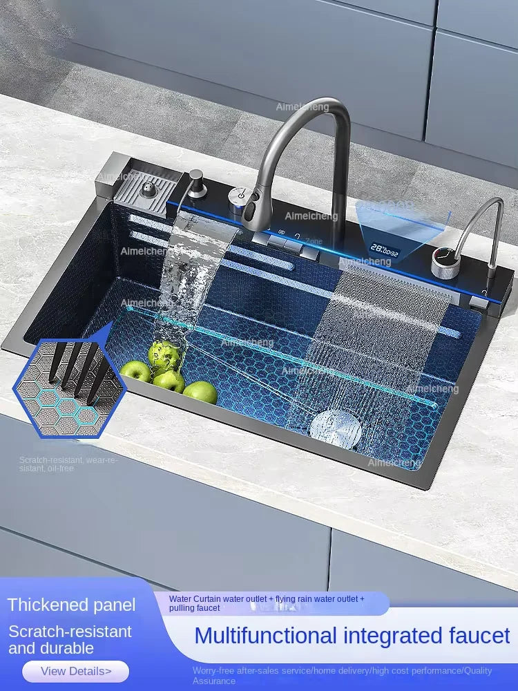 2026 Integrated Waterfall Kitchen Sink Honeycomb Technology Large Digitial Display Stainless Steel Soap Dispenser Cup Washer