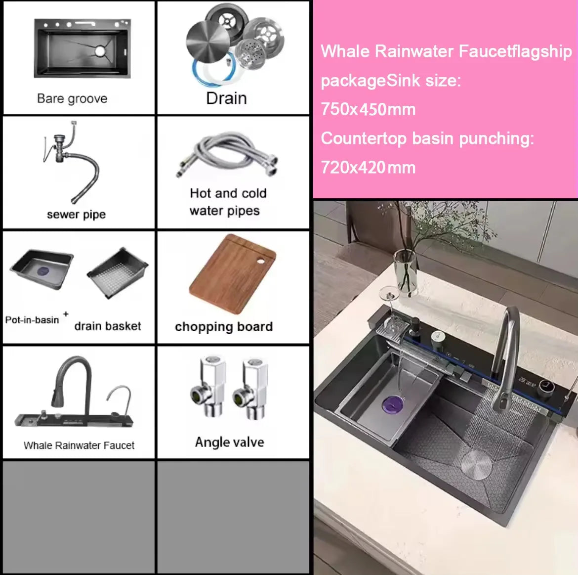 2026 Integrated Waterfall Kitchen Sink Honeycomb Technology Large Digitial Display Stainless Steel Soap Dispenser Cup Washer