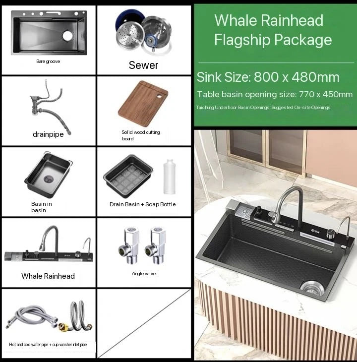 2026 Integrated Waterfall Kitchen Sink Honeycomb Technology Large Digitial Display Stainless Steel Soap Dispenser Cup Washer