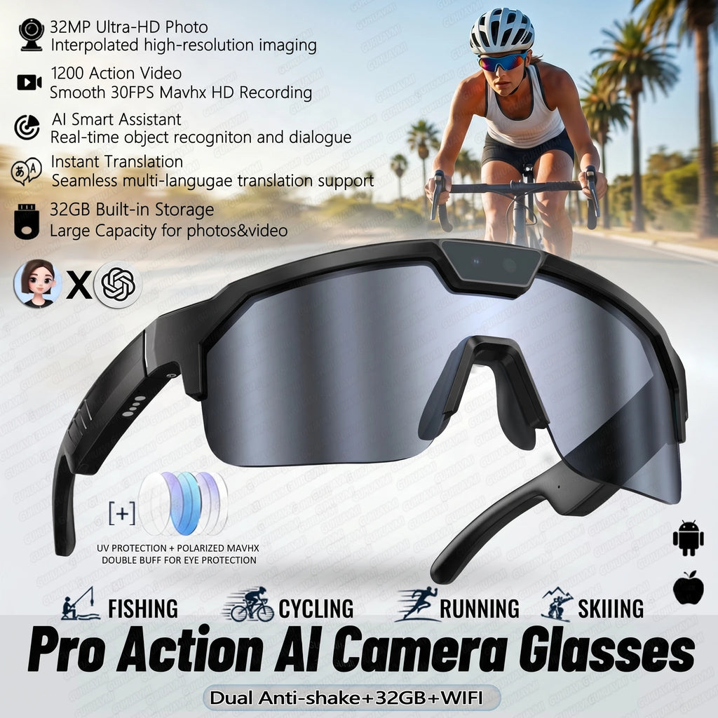 2026 New AI Smart Sports shooting&recording Glasses 800W Camera HD Anti-shake Bicycle Riding Shooting Artifact Windproof Goggles