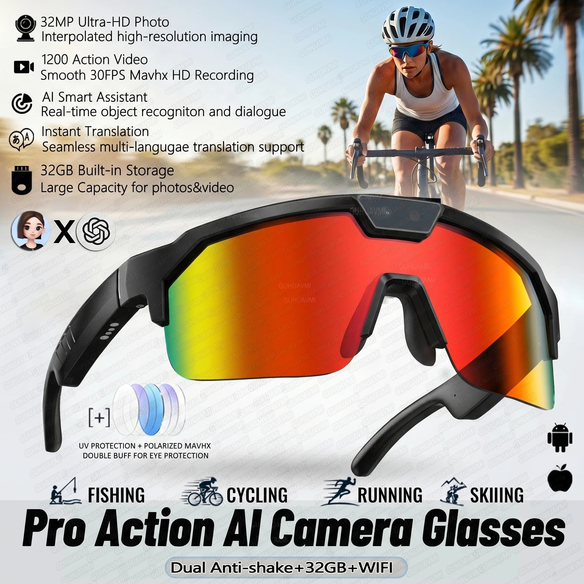 2026 New AI Smart Sports shooting&recording Glasses 800W Camera HD Anti-shake Bicycle Riding Shooting Artifact Windproof Goggles