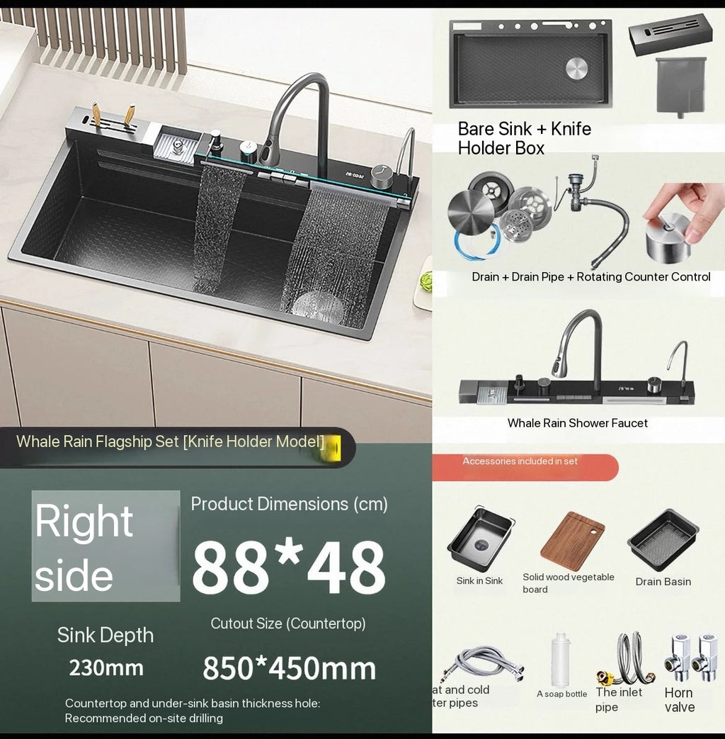 2026 Integrated Waterfall Kitchen Sink Honeycomb Technology Large Digitial Display Stainless Steel Soap Dispenser Cup Washer