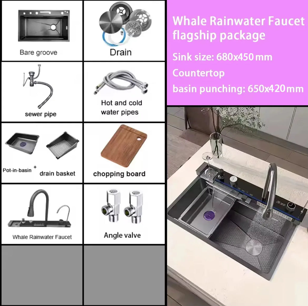 2026 Integrated Waterfall Kitchen Sink Honeycomb Technology Large Digitial Display Stainless Steel Soap Dispenser Cup Washer