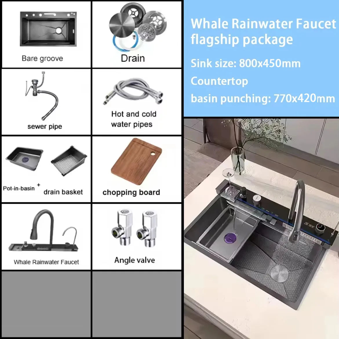 2026 Integrated Waterfall Kitchen Sink Honeycomb Technology Large Digitial Display Stainless Steel Soap Dispenser Cup Washer