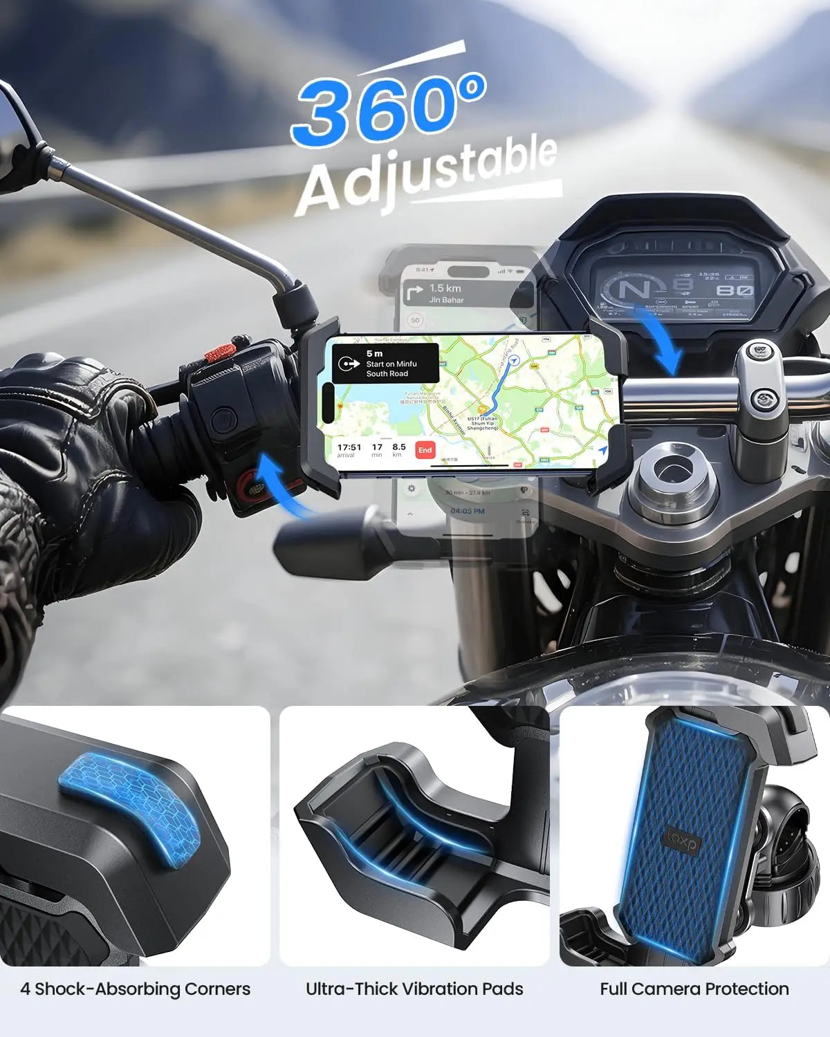 Ridnice Motorcycle Phone Mount [Dual Vibration Dampener] Anti-Shake Bike Phone Holder Bicycle Motorbike Phone Mount for iPhone