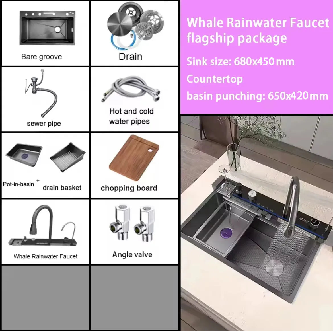 2026 Integrated Waterfall Kitchen Sink Honeycomb Technology Large Digitial Display Stainless Steel Soap Dispenser Cup Washer