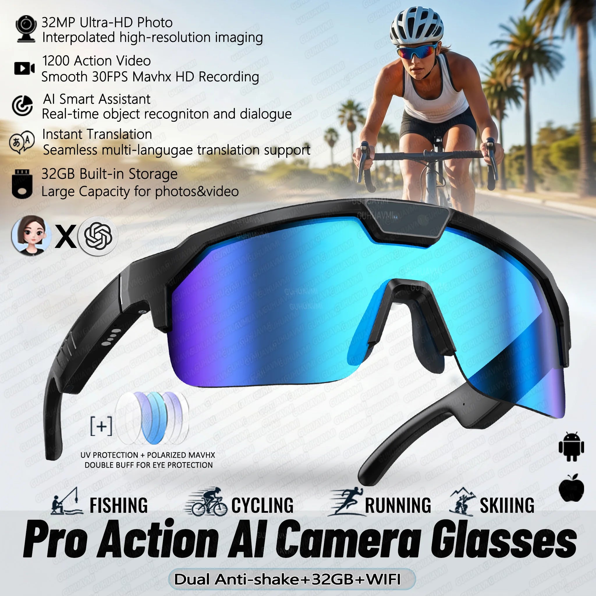 2026 New AI Smart Sports shooting&recording Glasses 800W Camera HD Anti-shake Bicycle Riding Shooting Artifact Windproof Goggles