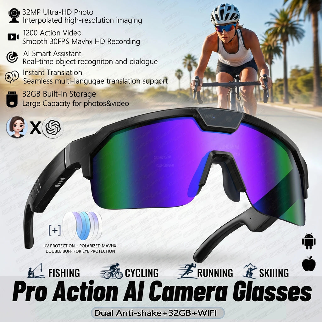 2026 New AI Smart Sports shooting&recording Glasses 800W Camera HD Anti-shake Bicycle Riding Shooting Artifact Windproof Goggles