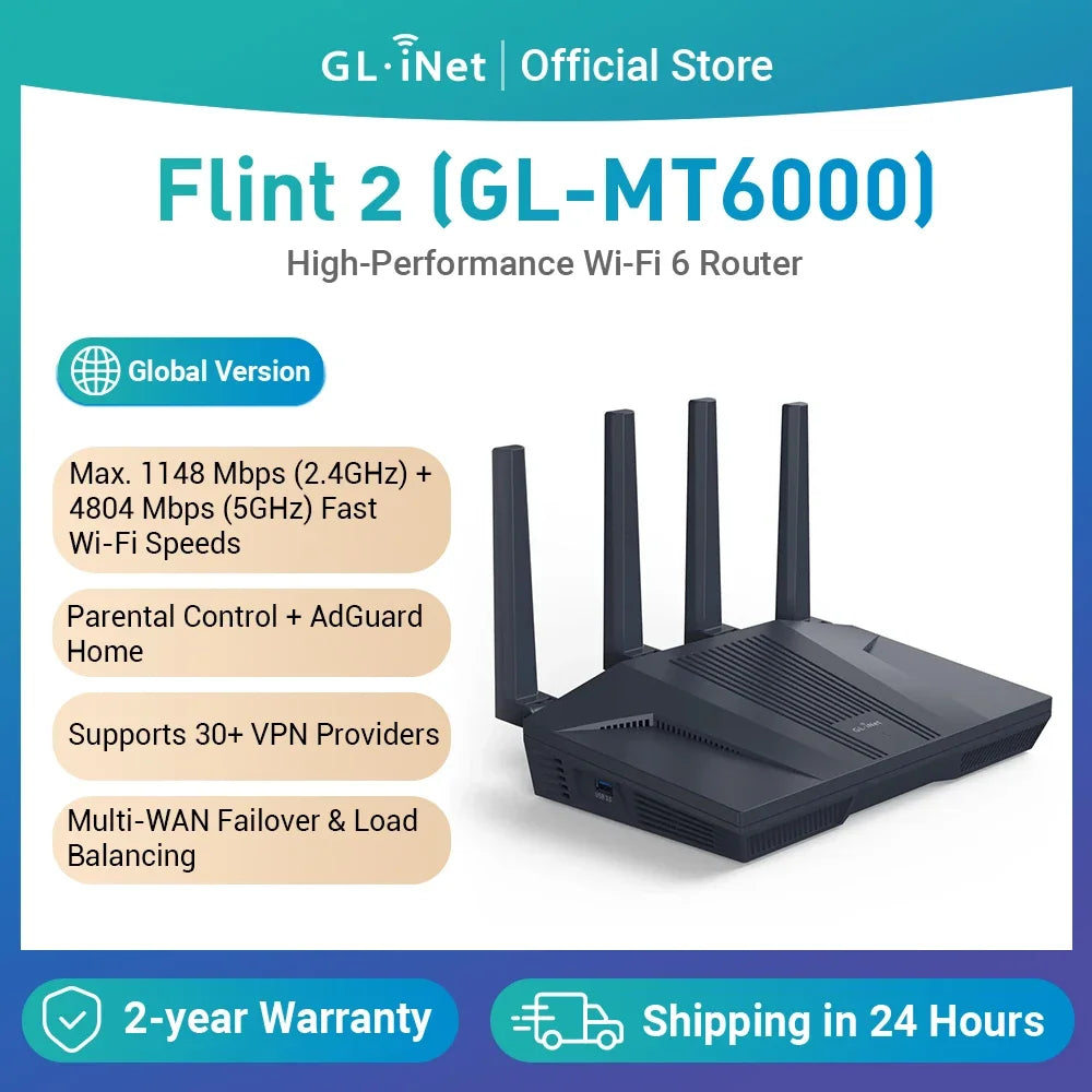 GL.iNet Flint 2 (GL-MT6000) enrutador doméstico yd oficina,tecnología Wi-Fi 6 de 8 transmisiones OpenWrt puertos Ethernetde2,5G