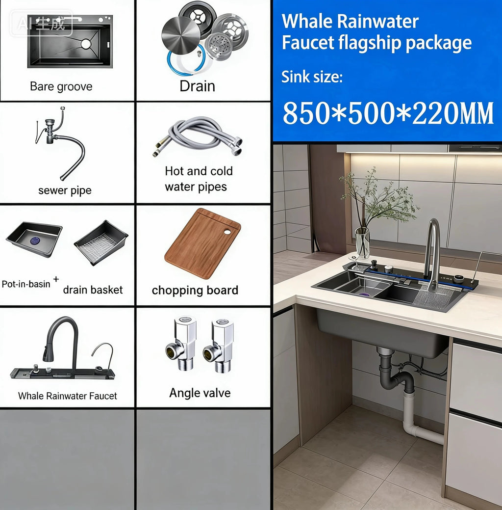 2026 Integrated Waterfall Kitchen Sink Honeycomb Technology Large Digitial Display Stainless Steel Soap Dispenser Cup Washer