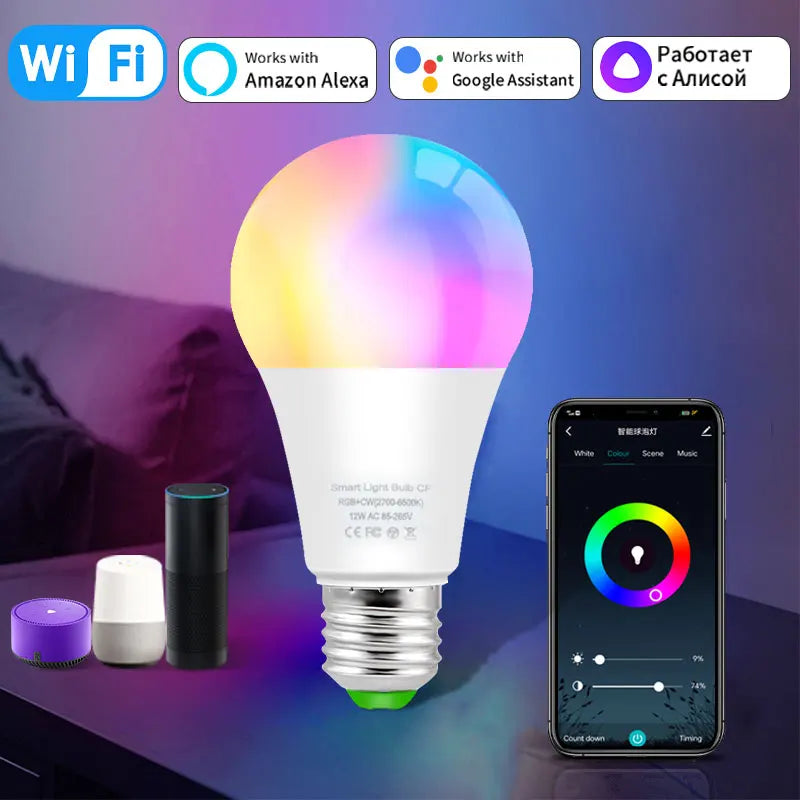 WiFi Smart Led Light Bulb E27 12/15/18W Voice RGB Dimmable Light Ampolleta Parlante Wifi Lamp Work With Google Assistant Alexa