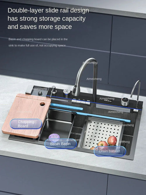 2026 Integrated Waterfall Kitchen Sink Honeycomb Technology Large Digitial Display Stainless Steel Soap Dispenser Cup Washer