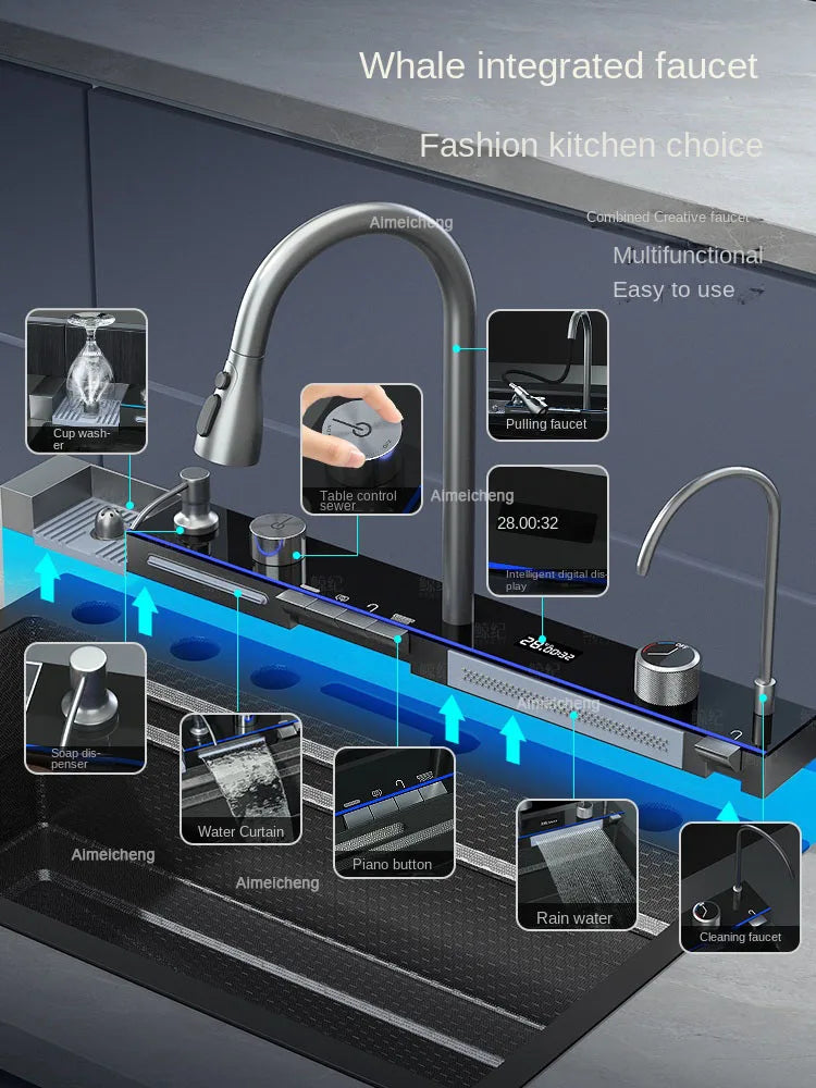 2026 Integrated Waterfall Kitchen Sink Honeycomb Technology Large Digitial Display Stainless Steel Soap Dispenser Cup Washer