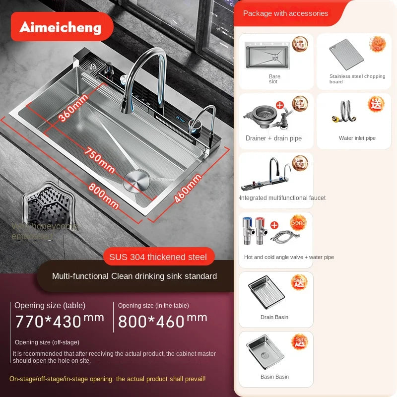 2026 Integrated Waterfall Kitchen Sink Honeycomb Technology Large Digitial Display Stainless Steel Soap Dispenser Cup Washer