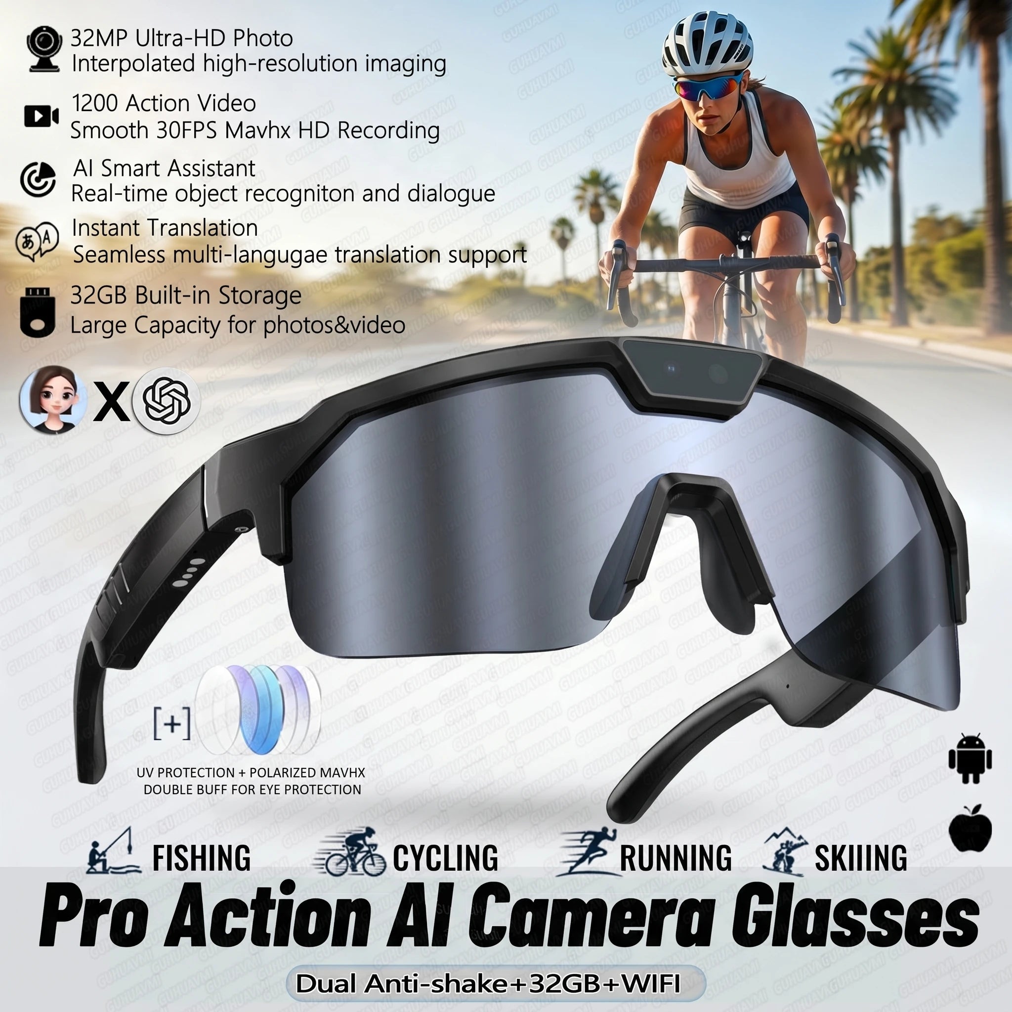 2026 New AI Smart Sports shooting&recording Glasses 800W Camera HD Anti-shake Bicycle Riding Shooting Artifact Windproof Goggles