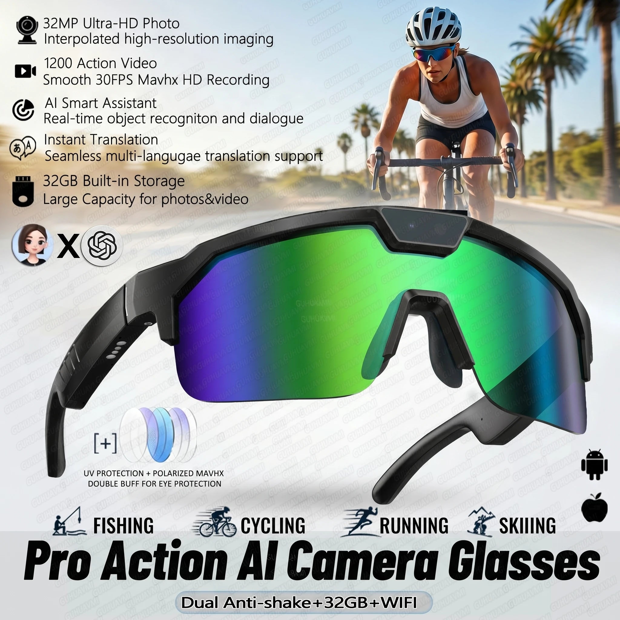 2026 New AI Smart Sports shooting&recording Glasses 800W Camera HD Anti-shake Bicycle Riding Shooting Artifact Windproof Goggles