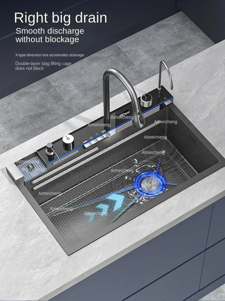2026 Integrated Waterfall Kitchen Sink Honeycomb Technology Large Digitial Display Stainless Steel Soap Dispenser Cup Washer